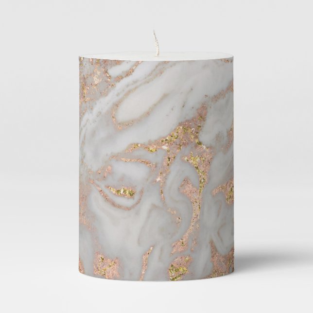 Modern Faux Rose Gold Marble Swirl Chic Pillar Candle (Front)