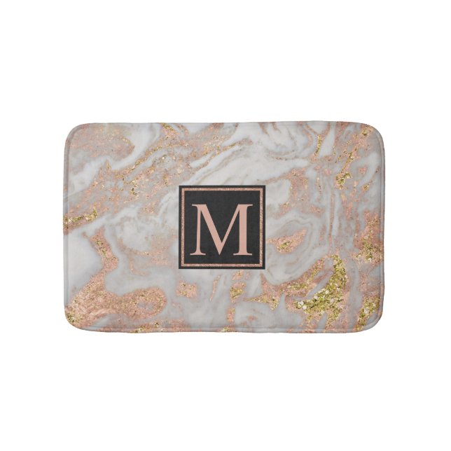 Modern Faux Rose Gold Marble Swirl Monogram Bathroom Mat (Front)
