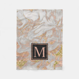 Modern Faux Rose Gold Marble Swirl Monogram Fleece Blanket