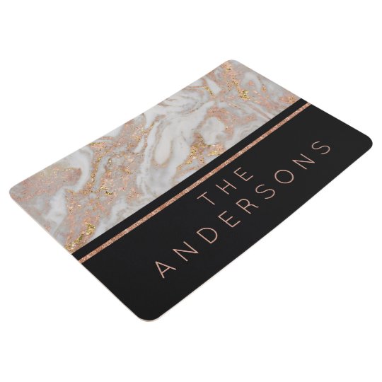 Modern Faux Rose Gold Marble Swirl Monogram Floor Mat