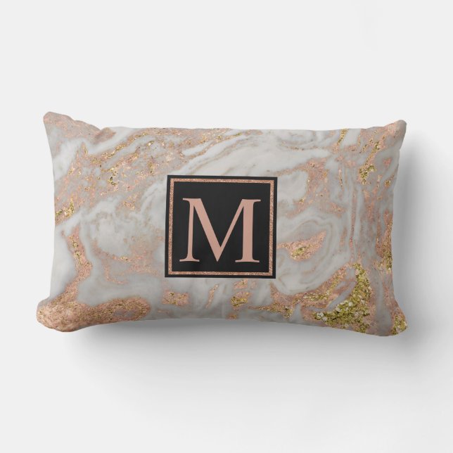 Modern Faux Rose Gold Marble Swirl Monogram Lumbar Pillow (Front)