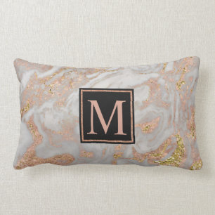 Modern Faux Rose Gold Marble Swirl Monogram Lumbar Pillow