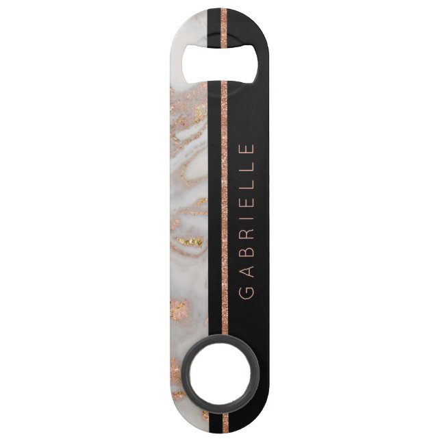 Modern Faux Rose Gold Marble Swirl Monogram Speed Bottle Opener (Front)