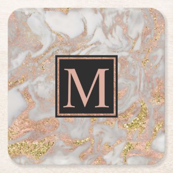 Modern Faux Rose Gold Marble Swirl Monogram Square Paper Coaster by ClipartBrat at Zazzle