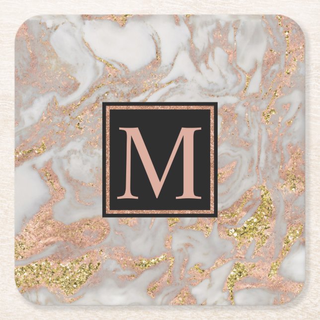 Modern Faux Rose Gold Marble Swirl Monogram Square Paper Coaster (Front)