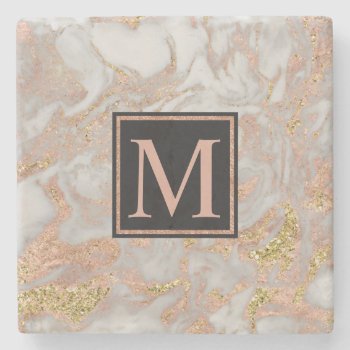 Modern Faux Rose Gold Marble Swirl Monogram Stone Coaster by ClipartBrat at Zazzle