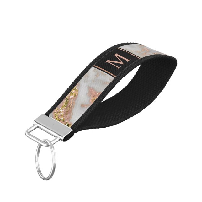 Modern Faux Rose Gold Marble Swirl Monogram Wrist Keychain (Angled Down)