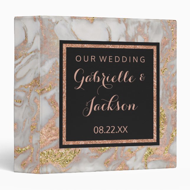 Modern Faux Rose Gold Marble Wedding Photo Album 3 Ring Binder (Front/Spine)