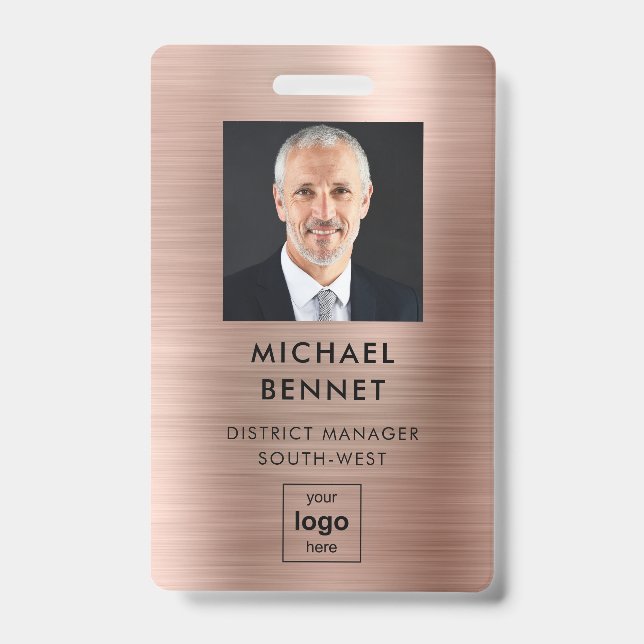 Modern Faux Rose Gold Metallic Corporate Photo ID Badge (Front)