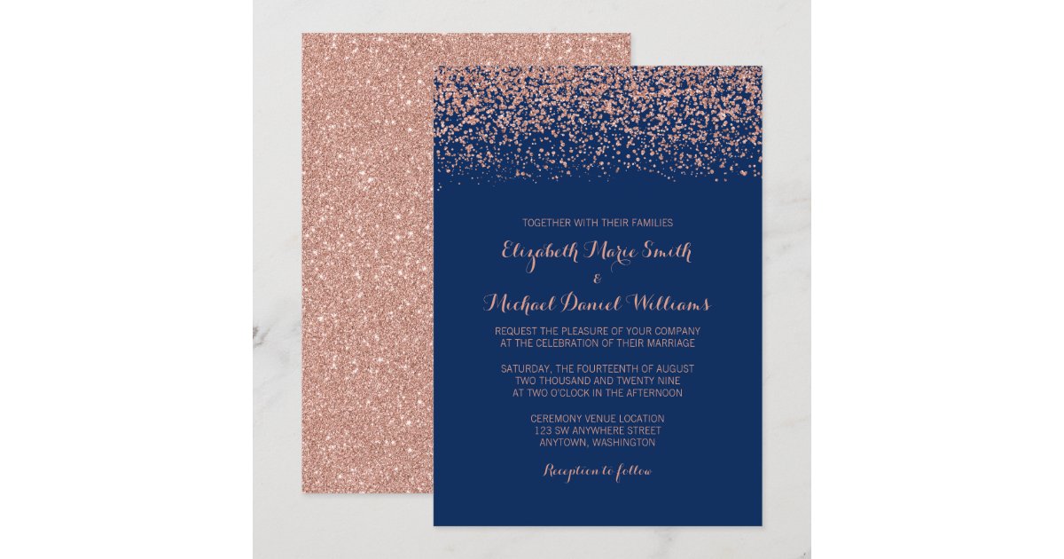 Modern Faux Rose Gold Navy Blue Glitter Wedding Invitation | Zazzle