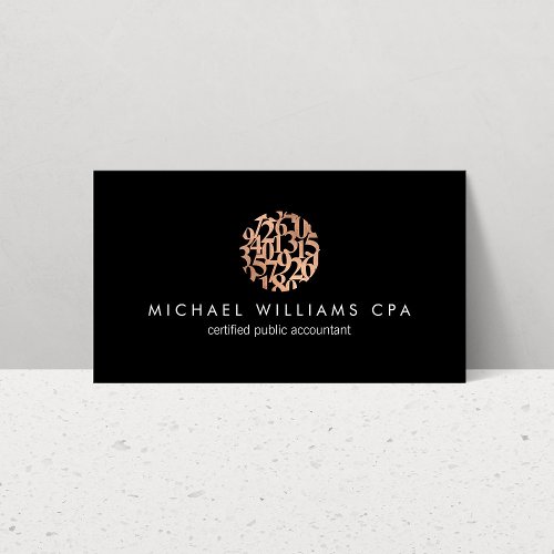 Modern Faux Rose Gold Numbers Accountant Black Business Card