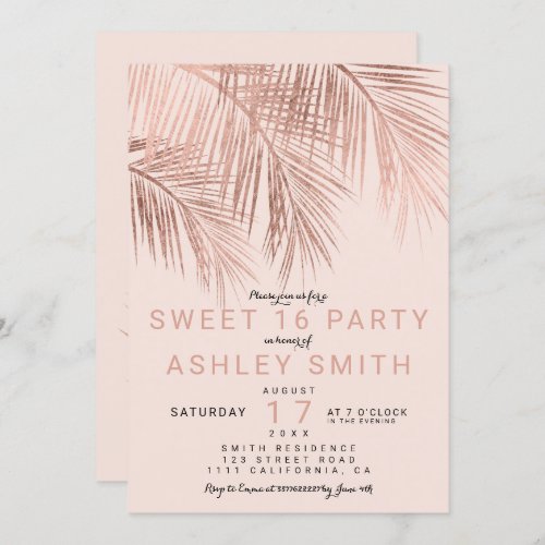 Modern faux rose gold palm tree blush Sweet 16 Invitation