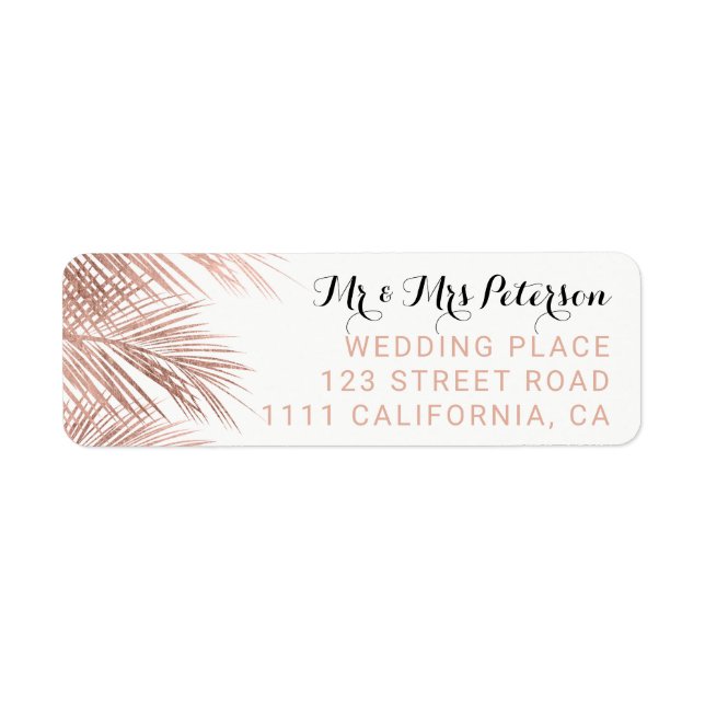 Modern faux rose gold palm tree elegant wedding label (Front)