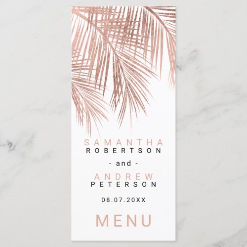 Modern faux rose gold palm tree elegant wedding menu