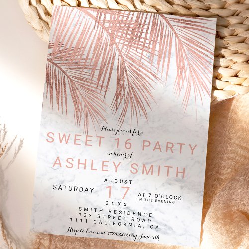 Modern faux rose gold palm tree marble Sweet 16 Invitation