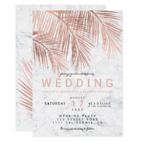 Modern faux rose gold palm tree marble wedding card