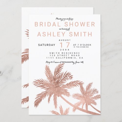Modern faux rose gold palm trees Bridal shower Invitation