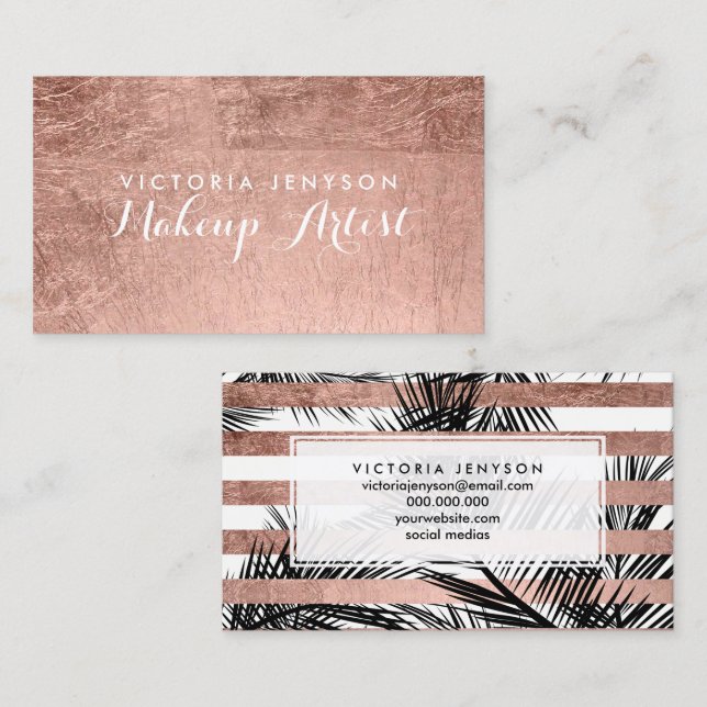 Modern faux rose gold palm trees chic makeup business card (Front/Back)