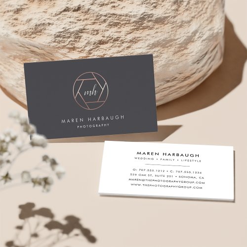 Modern Faux Rose Gold Photographer Monogram Logo Business Card