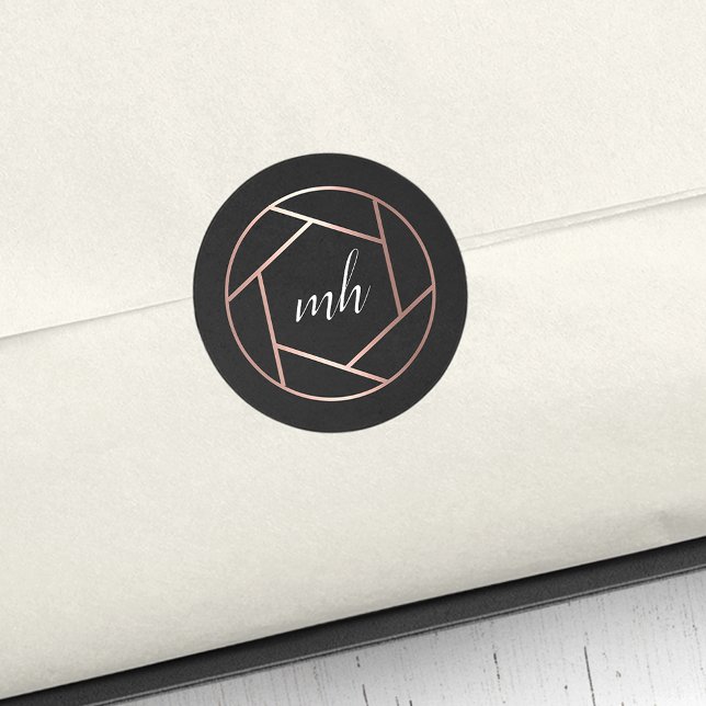 Modern Faux Rose Gold Photographer Monogram Logo Classic Round Sticker (Creator Uploaded)