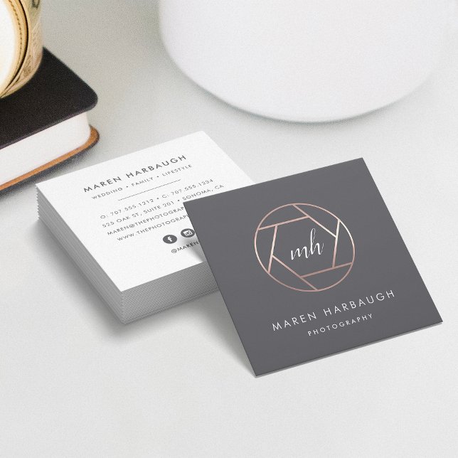 Modern Faux Rose Gold Photographer Monogram Logo Square Business Card (Creator Uploaded)