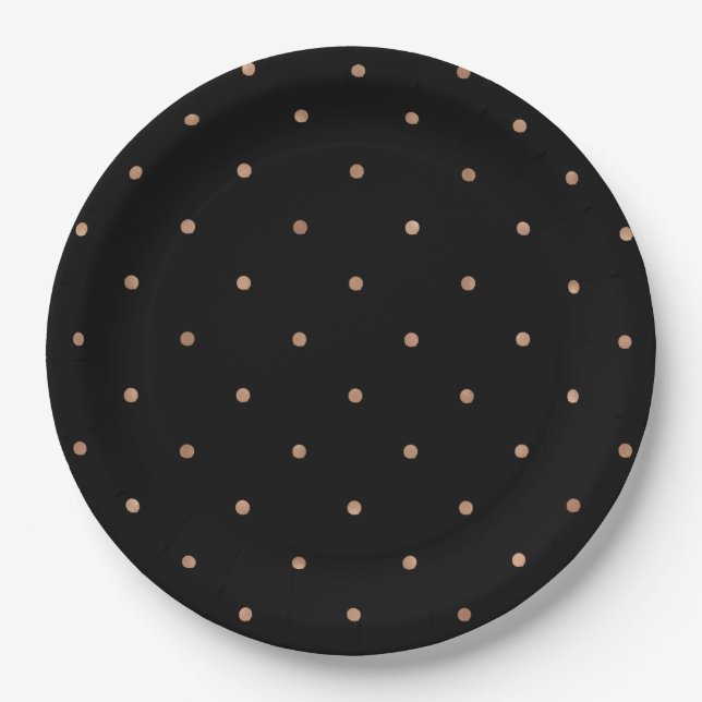 Modern Faux Rose Gold Polka Dots on Black Paper Plates (Front)