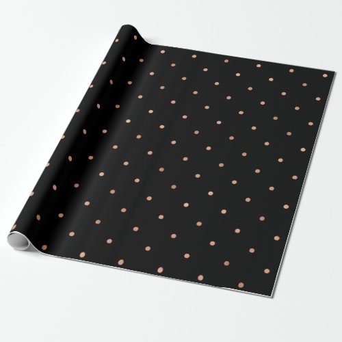 Modern Faux Rose Gold Polka Dots on Black Wrapping Paper