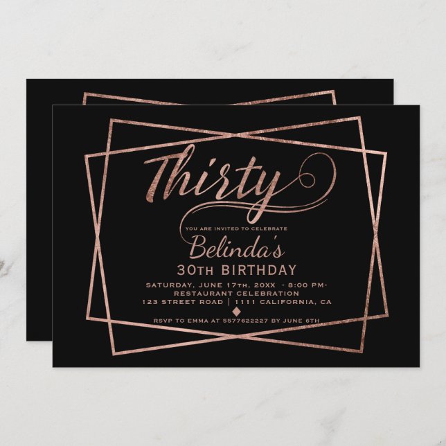 Modern faux rose gold script black thirty invitation (Front/Back)