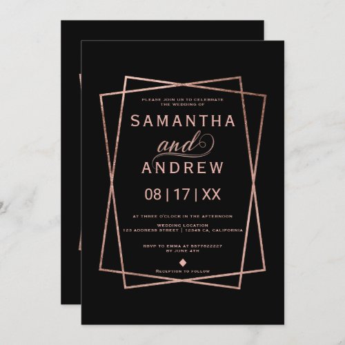 Modern faux rose gold script geometric wedding invitation