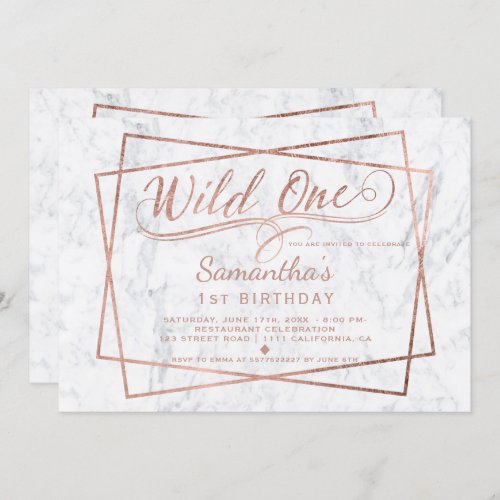 Modern faux rose gold script marble first birthday invitation