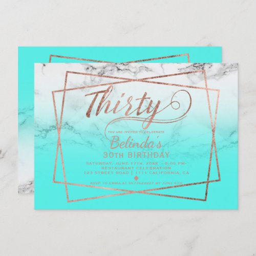 Modern faux rose gold script marble teal thirty invitation