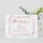 Modern faux rose gold script marble thirteen invitation (Standing Front)