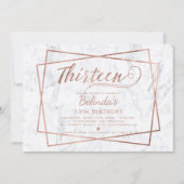 Modern faux rose gold script marble thirteen invitation (Front)