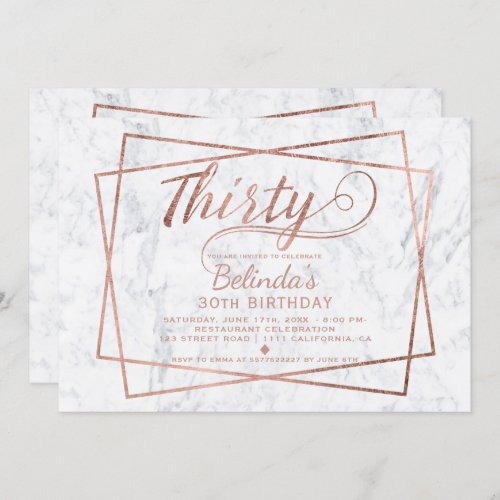 Modern faux rose gold script marble thirty invitation