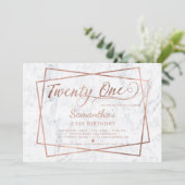 Modern faux rose gold script marble twenty one invitation (Standing Front)