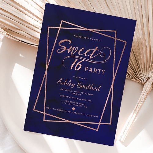 Modern faux rose gold script navy blue Sweet 16 Invitation