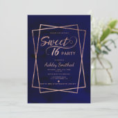 Modern faux rose gold script navy blue Sweet 16 Invitation (Standing Front)