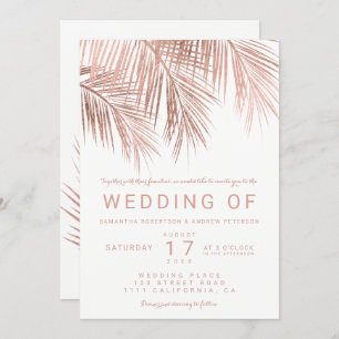 Modern faux rose gold tropical palm tree wedding invitation