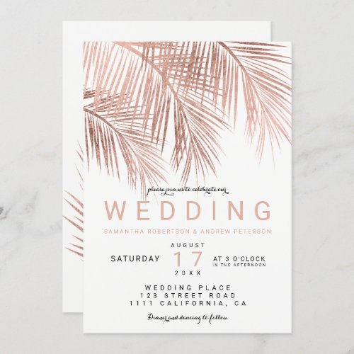 Modern faux rose gold tropical palm tree wedding invitation