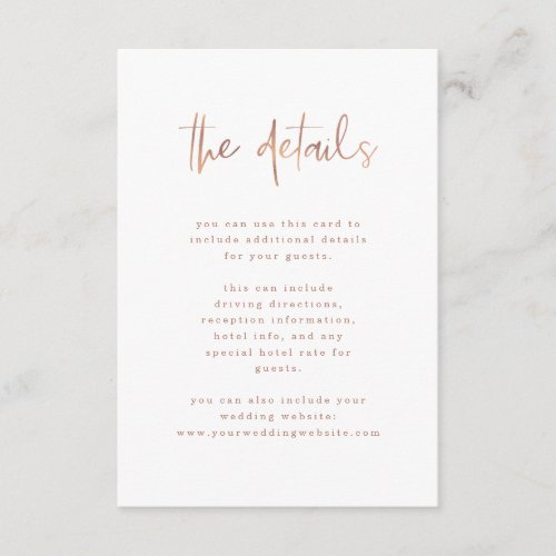 Modern Faux Rose Gold  Wedding Guest Details Enclosure Card