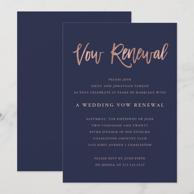 Modern Faux Rose Gold Wedding Vow Renewal Invitation (Front/Back)