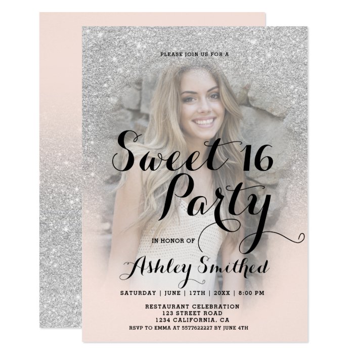 Modern Faux Silver Glitter Blush Photo Sweet 16 Invitation Zazzle Modern Faux Silver Glitter Blush Photo