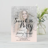 Modern faux silver glitter blush photo Sweet 16 Invitation (Standing Front)