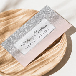 Modern faux silver glitter blush pink ombre makeup business card