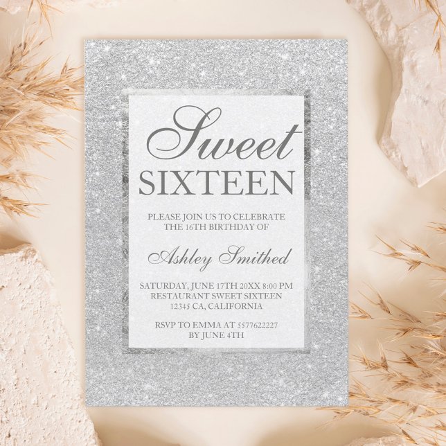 Modern faux silver glitter elegant chic Sweet 16 Invitation (Creator Uploaded)