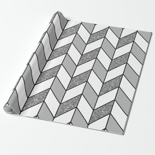Modern Faux Silver Glitter Herringbone Chevron Wrapping Paper