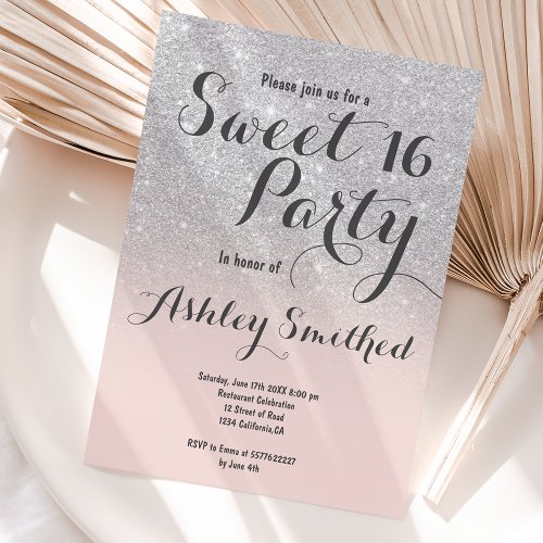 Modern faux silver glitter ombre blush Sweet 16 Invitation