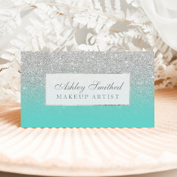 Modern faux silver glitter teal ombre makeup business card