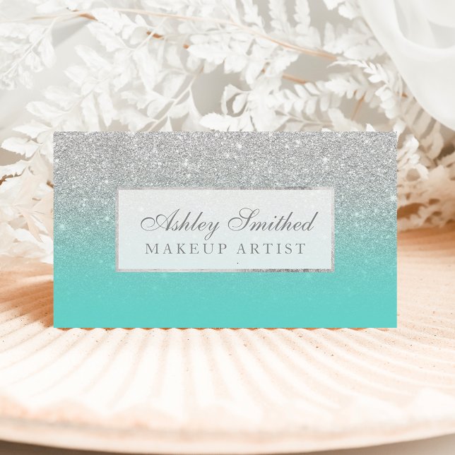 Modern faux silver glitter teal ombre makeup business card (Creator Uploaded)