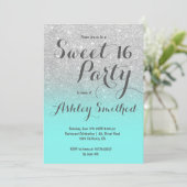 Modern faux silver glitter teal ombre Sweet 16 Invitation (Standing Front)